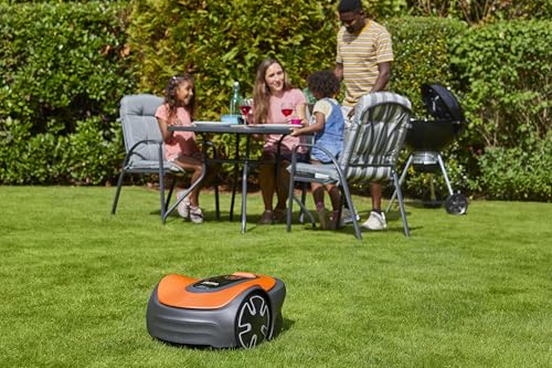 Flymo EasiLife 150 GO Mähroboter, bis 150m², ultraleise, Bluetooth-Steuerung, Sicherheitssensoren, schlauchwaschbar, gepflegter Rasen, Orange