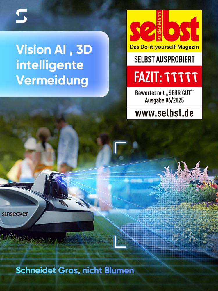 Sunseeker V3 Mähroboter ohne Begrenzungskabel 600 m², Vision AI Doppel-Auge, 42% Steigung, App-Steuerung, Rasenmäher mit EIN-klick-Mähen