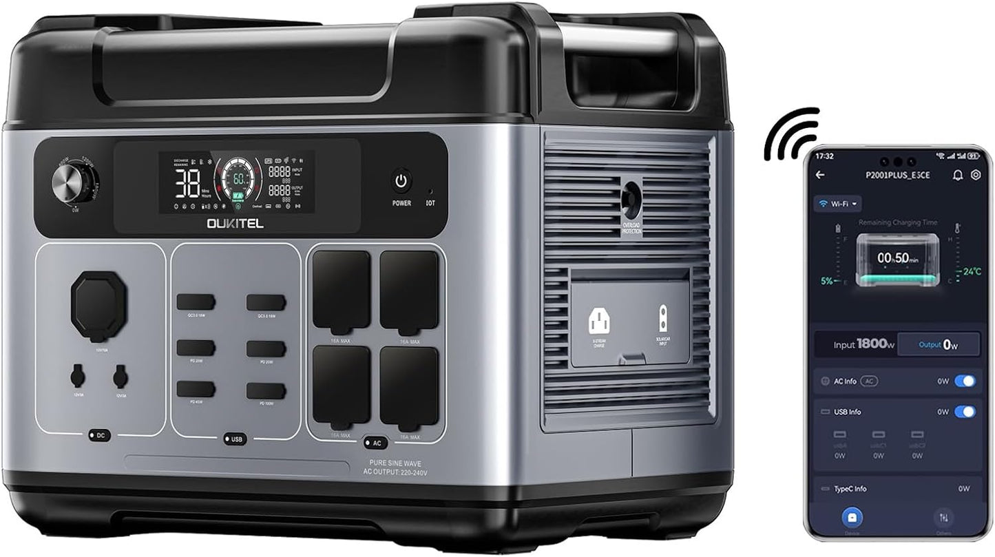 OUKITEL P2001 Plus Tragbare Powerstation 2048Wh, Solargenerator mit LiFePO4 Akku 4 x 2400W (4800W Peak) AC Ausgänge, Schnellladung 0–80% in 1 Std., Power Station für Wohnung Reise Camping
