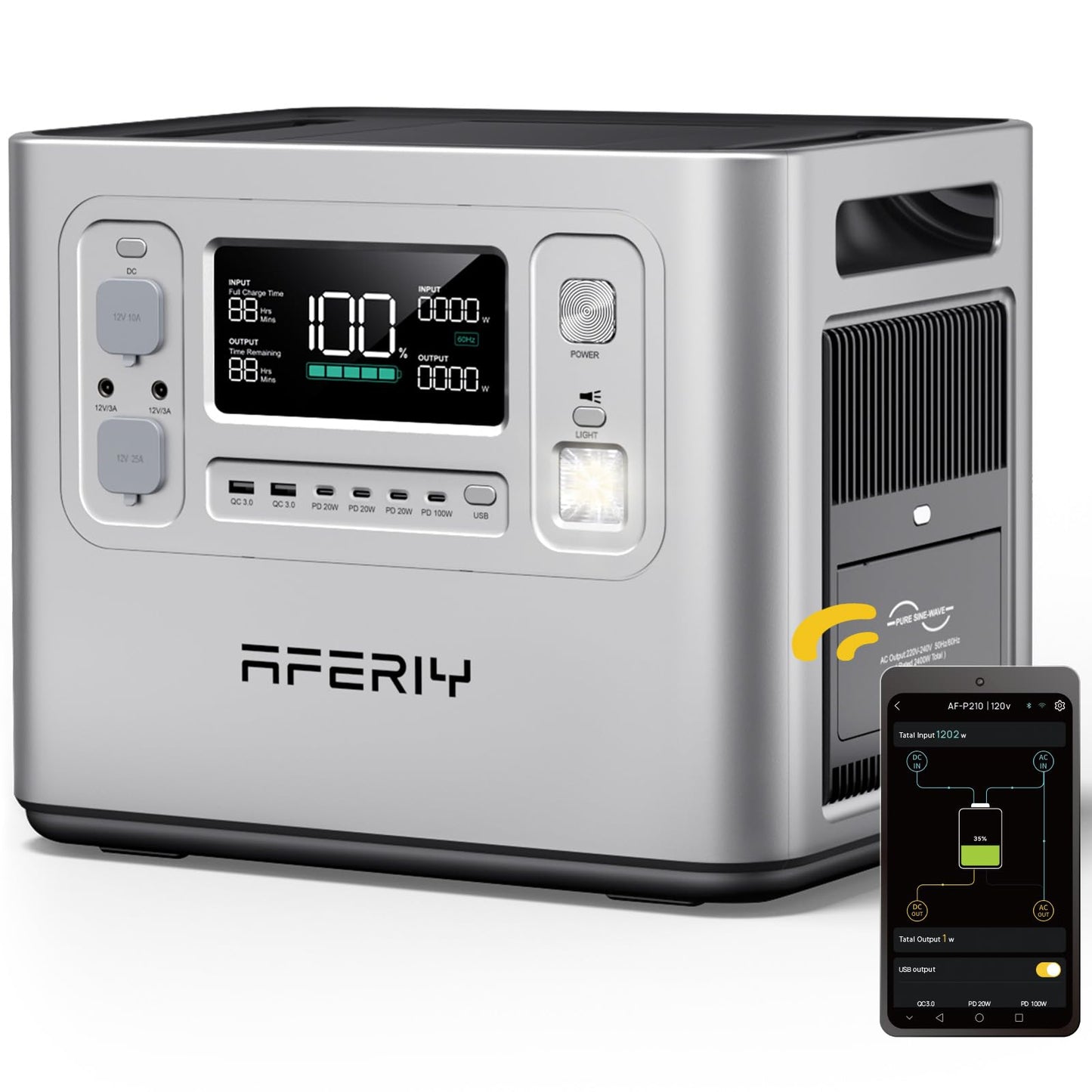 AFERIY 3600W Solargenerator, 3840Wh LiFePO4 Tragbare Powerstation mit USV, 3x230V AC Ausgang 3600W (7200W Peak), Stormerzeuger 2200W Schnelles Stromspeicher Aufladen für Reise, Outdoor-Camping