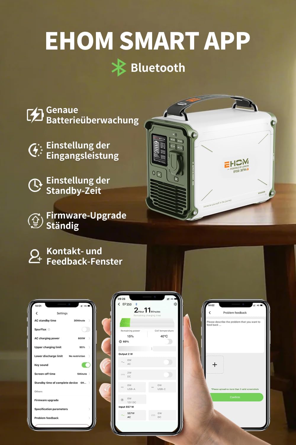 EHOM Tragbare Powerstation EP350, 307Wh, Power Station LiFePO4 mit 350W (Spitze 700W) AC und 200W Solarpanel-Laden, 2-Gurt-Designs für mehr Tragbarkeit, Für Camping, Reise, Notfall, Unterwegs