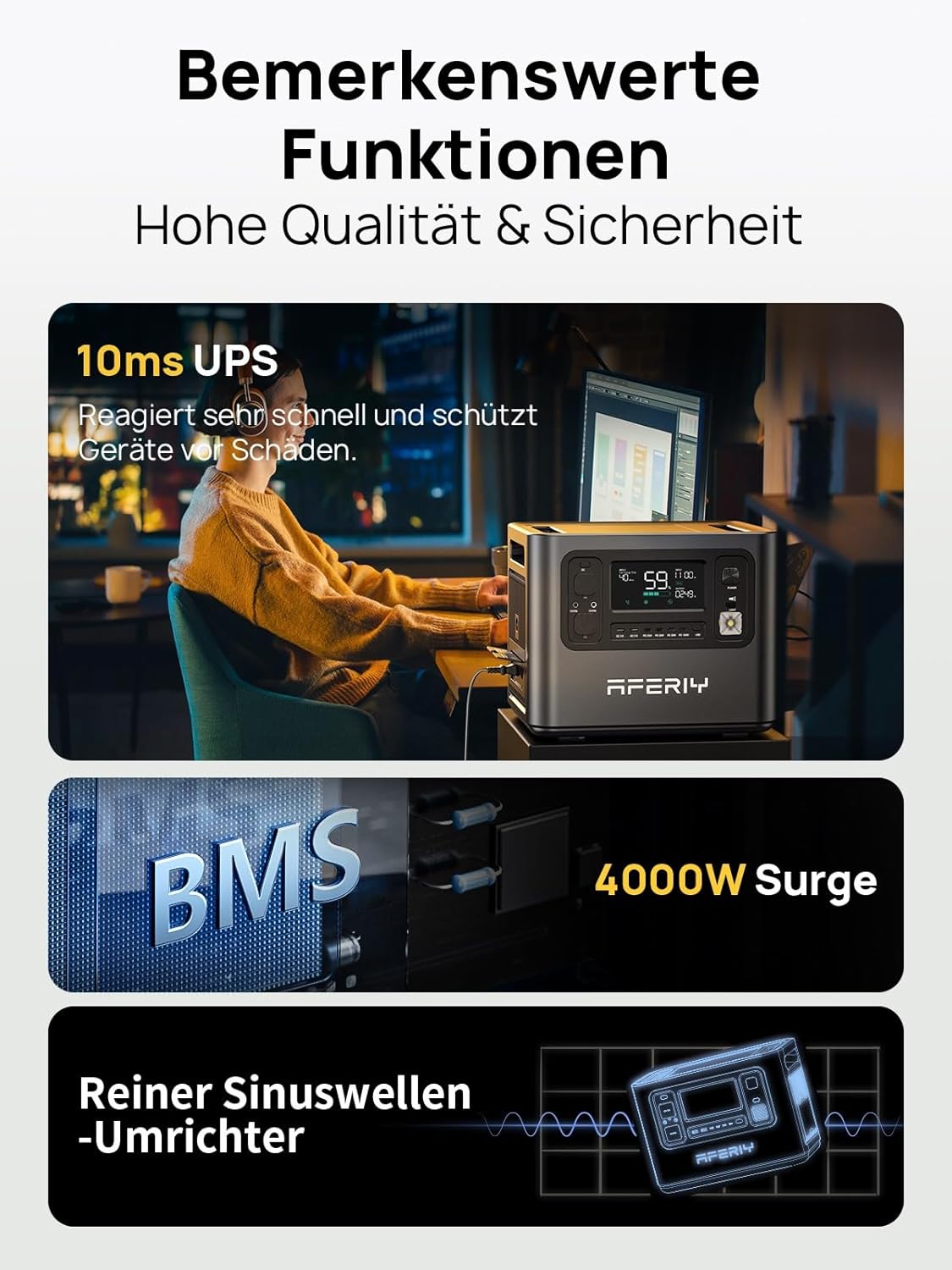 AFERIY 2400W Tragbare Powerstation, 2048Wh LiFePO4 Batterie, 1,7 Stunde Schnellladung, 13 Anschlüsse, Sinuswellen 230V, USV, Mobile Stromversorgung für Outdoors Camping, 7 Jahre Garantie