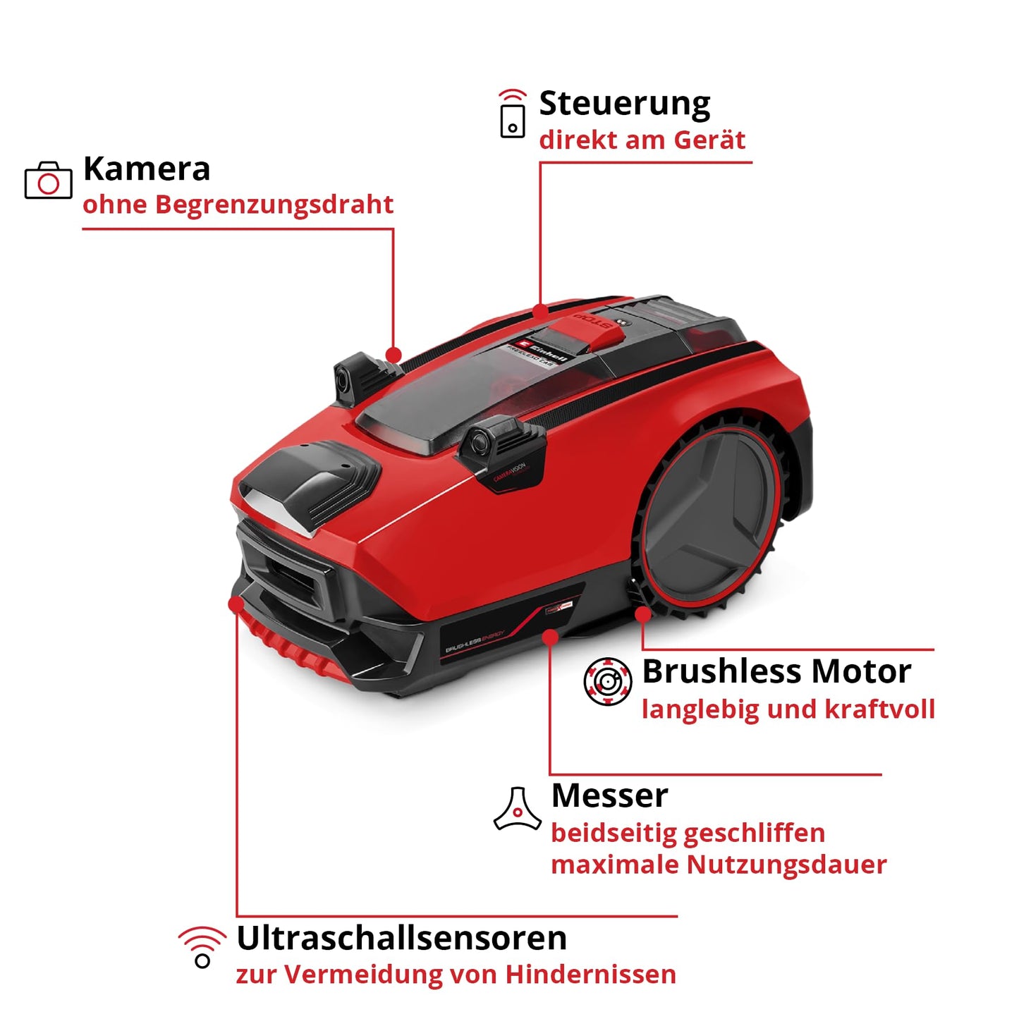 Einhell FREELEXO CAM 500 Mähroboter, 18V Akku, ohne Begrenzungsdraht dank Kamera, bis 500m², Brushless, 25% Steigung, inkl. 3,0Ah Akku