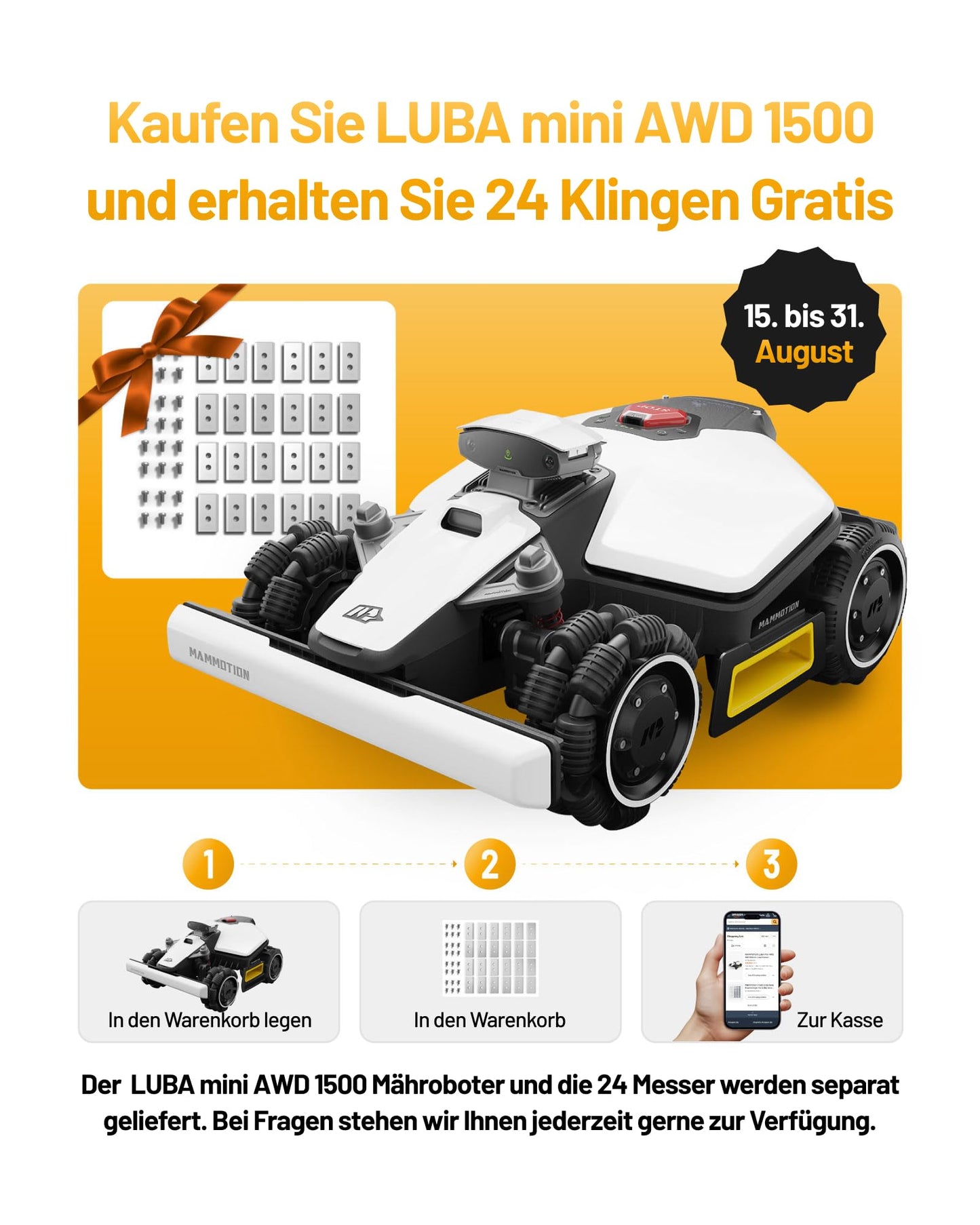 MAMMOTION LUBA mini AWD 1500 Mähroboter ohne Kabel, bis 1800m², RTK+Vision, Auto-Kartierung, 4G-Modul, 80% Steigung, intelligenter Rasenroboter
