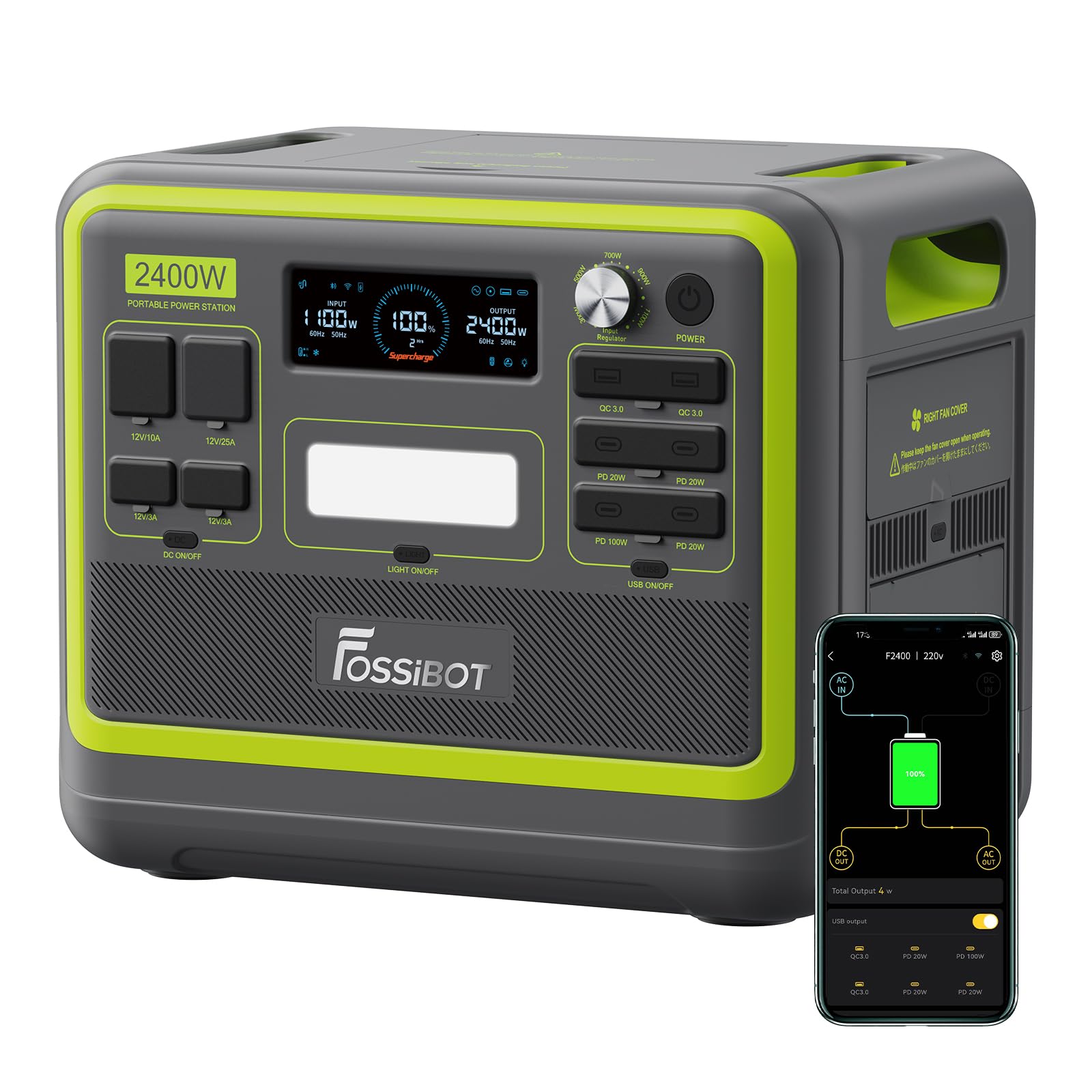 FOSSIBOT F2400 Solargenerator, Tragbare Powerstation 2048Wh LiFePO4 Batterie-Backup mit 2400W AC Ausgängen (4800W Peak), Power station für Outdoor-Camping, Wohnmobil-Reisen, Hausgebrauch