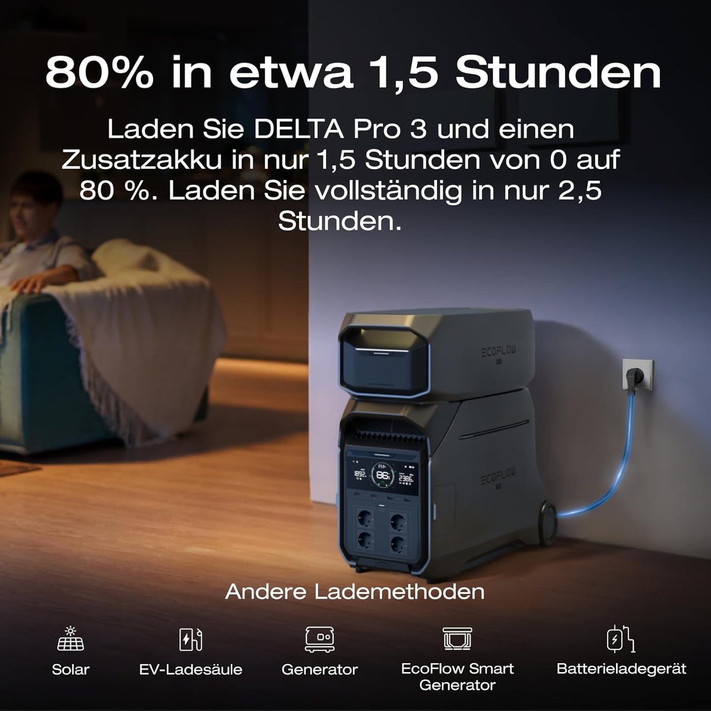 EF ECOFLOW DELTA PRO 3 Tragbare Powerstation mit Zusatzakku, 8kWh AC-Ausgang, 230V 4000W AC-Ausgang, Solargenerator für Zuhause, Camping, Wohnmobile und Reise