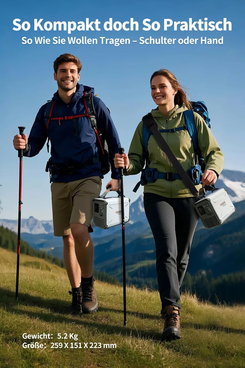 EHOM Tragbare Powerstation EP350, 307Wh, Power Station LiFePO4 mit 350W (Spitze 700W) AC und 200W Solarpanel-Laden, 2-Gurt-Designs für mehr Tragbarkeit, Für Camping, Reise, Notfall, Unterwegs