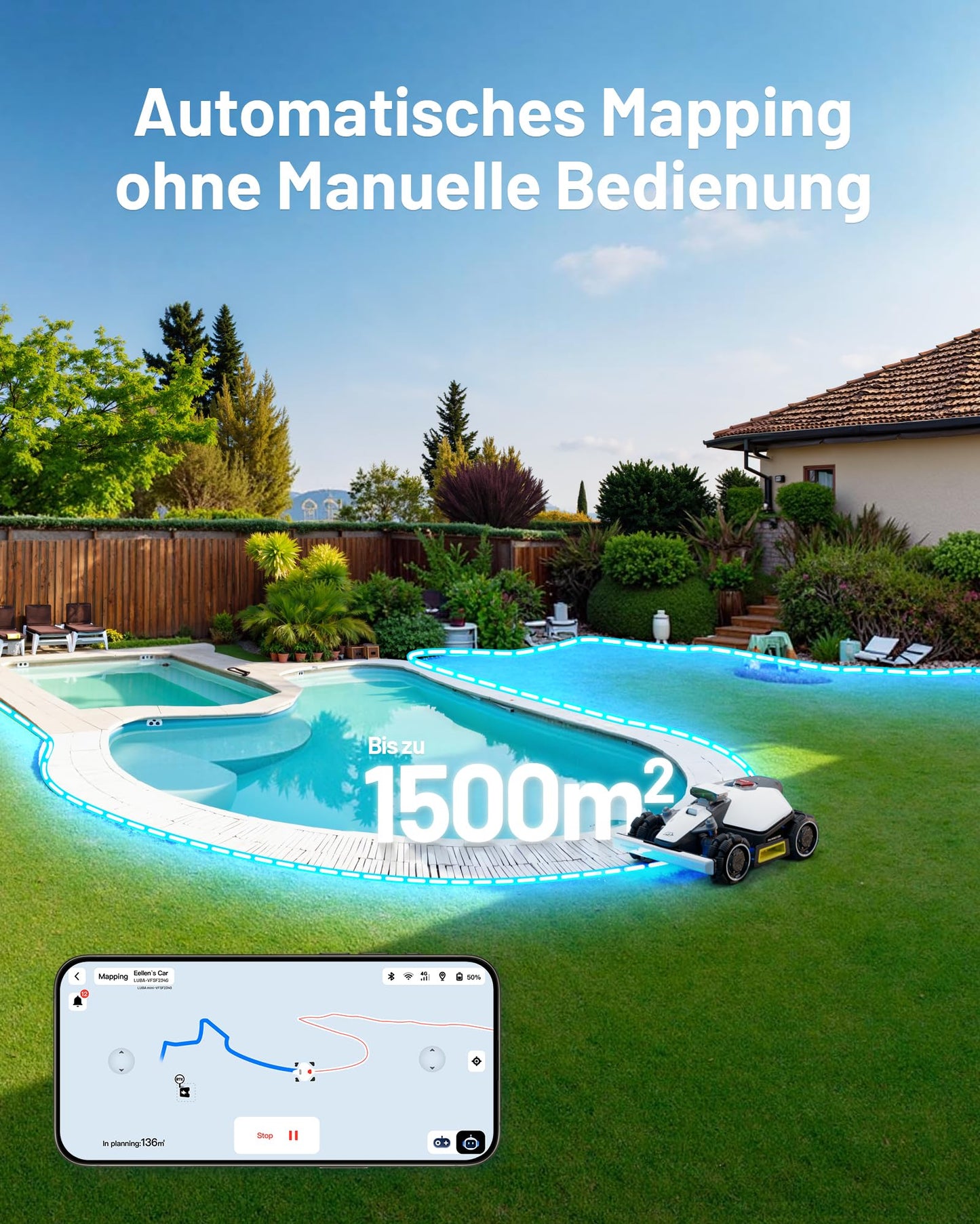 MAMMOTION LUBA mini AWD 1500 Mähroboter ohne Kabel, bis 1800m², RTK+Vision, Auto-Kartierung, 4G-Modul, 80% Steigung, intelligenter Rasenroboter