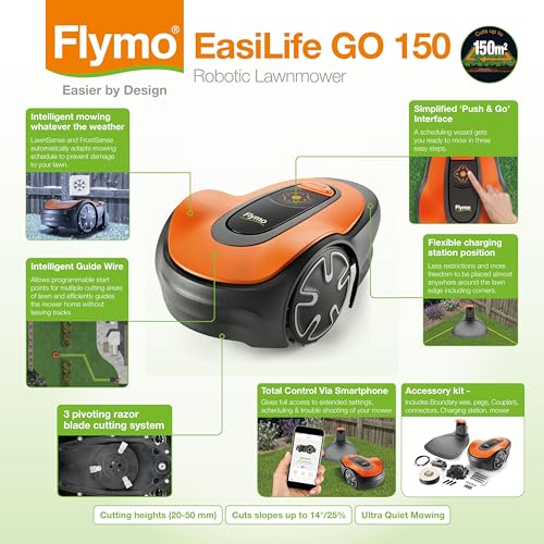Flymo EasiLife 150 GO Mähroboter, bis 150m², ultraleise, Bluetooth-Steuerung, Sicherheitssensoren, schlauchwaschbar, gepflegter Rasen, Orange
