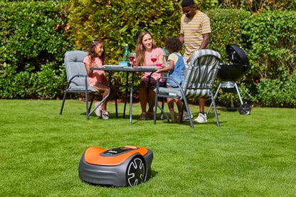 Flymo EasiLife 150 GO Mähroboter, bis 150m², ultraleise, Bluetooth-Steuerung, Sicherheitssensoren, schlauchwaschbar, gepflegter Rasen, Orange