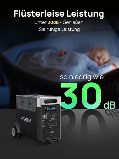AFERIY 3600W Solargenerator, 3840Wh LiFePO4 Tragbare Powerstation mit USV, 3x230V AC Ausgang 3600W (7200W Peak), Stormerzeuger 2200W Schnelles Stromspeicher Aufladen für Reise, Outdoor-Camping