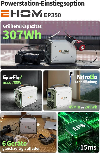 EHOM Tragbare Powerstation EP350, 307Wh, Power Station LiFePO4 mit 350W (Spitze 700W) AC und 200W Solarpanel-Laden, 2-Gurt-Designs für mehr Tragbarkeit, Für Camping, Reise, Notfall, Unterwegs