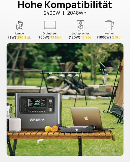 AFERIY 2400W Tragbare Powerstation, 2048Wh LiFePO4 Batterie, 1,7 Stunde Schnellladung, 13 Anschlüsse, Sinuswellen 230V, USV, Mobile Stromversorgung für Outdoors Camping, 7 Jahre Garantie
