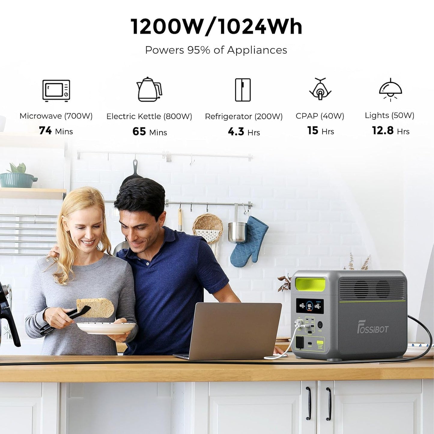 FOSSiBOT Tragbare Powerstation F1200, 1024Wh LiFePO4 Solargenerator mit 2 1200W (Power Lifting 2400W) AC Ausgänge, 100W Typ-C, 45 Min. Schnellladung von 0-80%, für Reise, Camping, Hausgebrauch