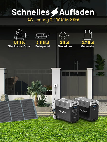 AFERIY 3600W Solargenerator, 3840Wh LiFePO4 Tragbare Powerstation mit USV, 3x230V AC Ausgang 3600W (7200W Peak), Stormerzeuger 2200W Schnelles Stromspeicher Aufladen für Reise, Outdoor-Camping