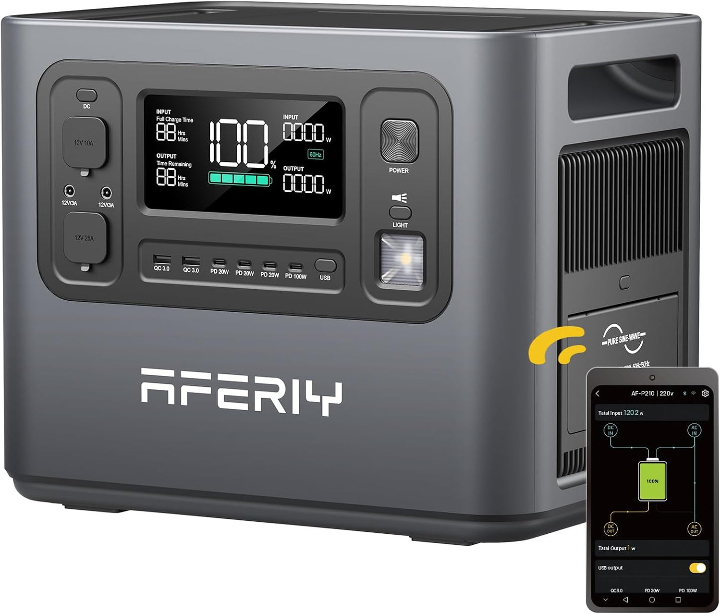 AFERIY 2400W Tragbare Powerstation, 2048Wh LiFePO4 Batterie, 1,7 Stunde Schnellladung, 13 Anschlüsse, Sinuswellen 230V, USV, Mobile Stromversorgung für Outdoors Camping, 7 Jahre Garantie