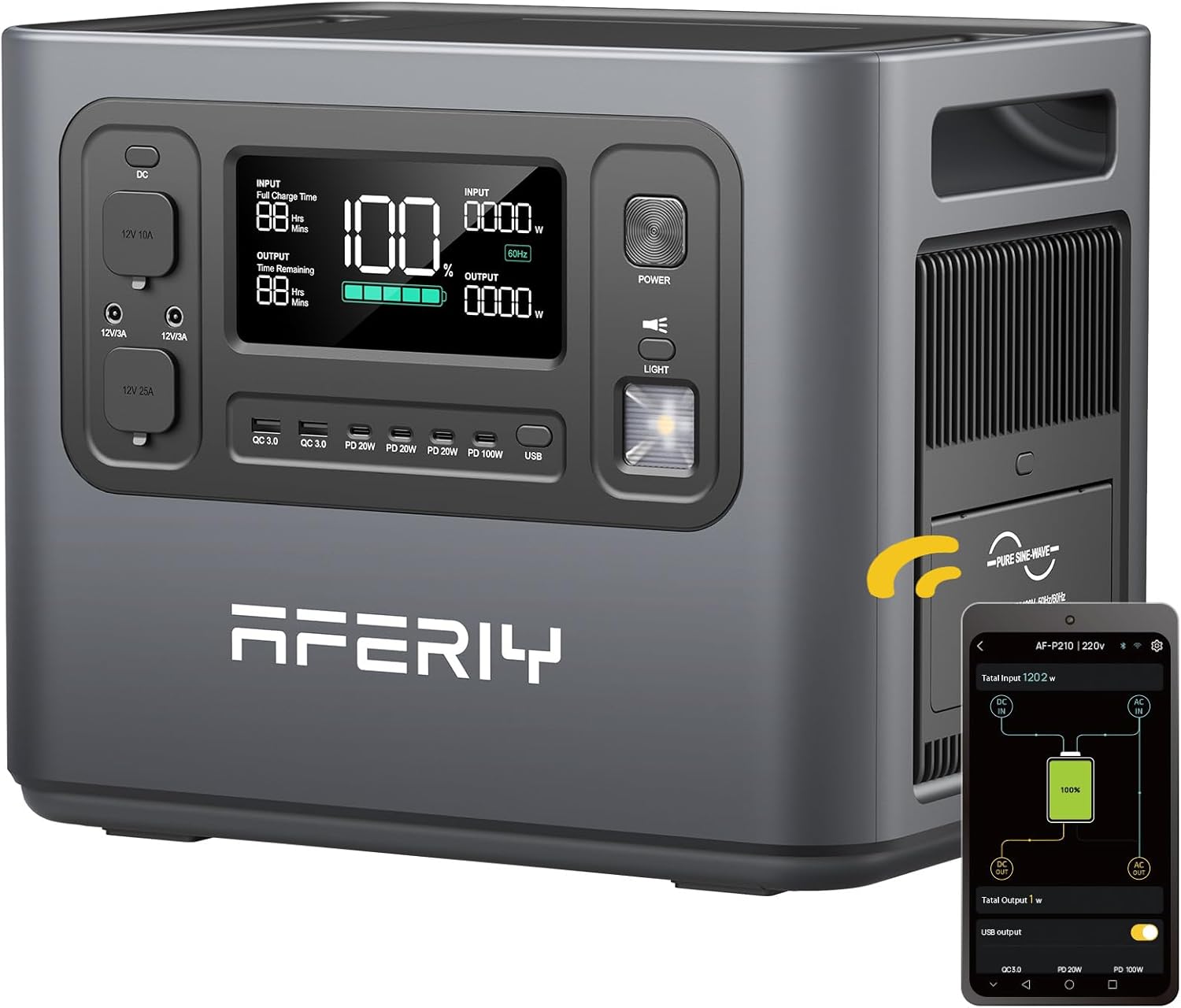 AFERIY 2400W Tragbare Powerstation, 2048Wh LiFePO4 Batterie, 1,7 Stunde Schnellladung, 13 Anschlüsse, Sinuswellen 230V, USV, Mobile Stromversorgung für Outdoors Camping, 7 Jahre Garantie