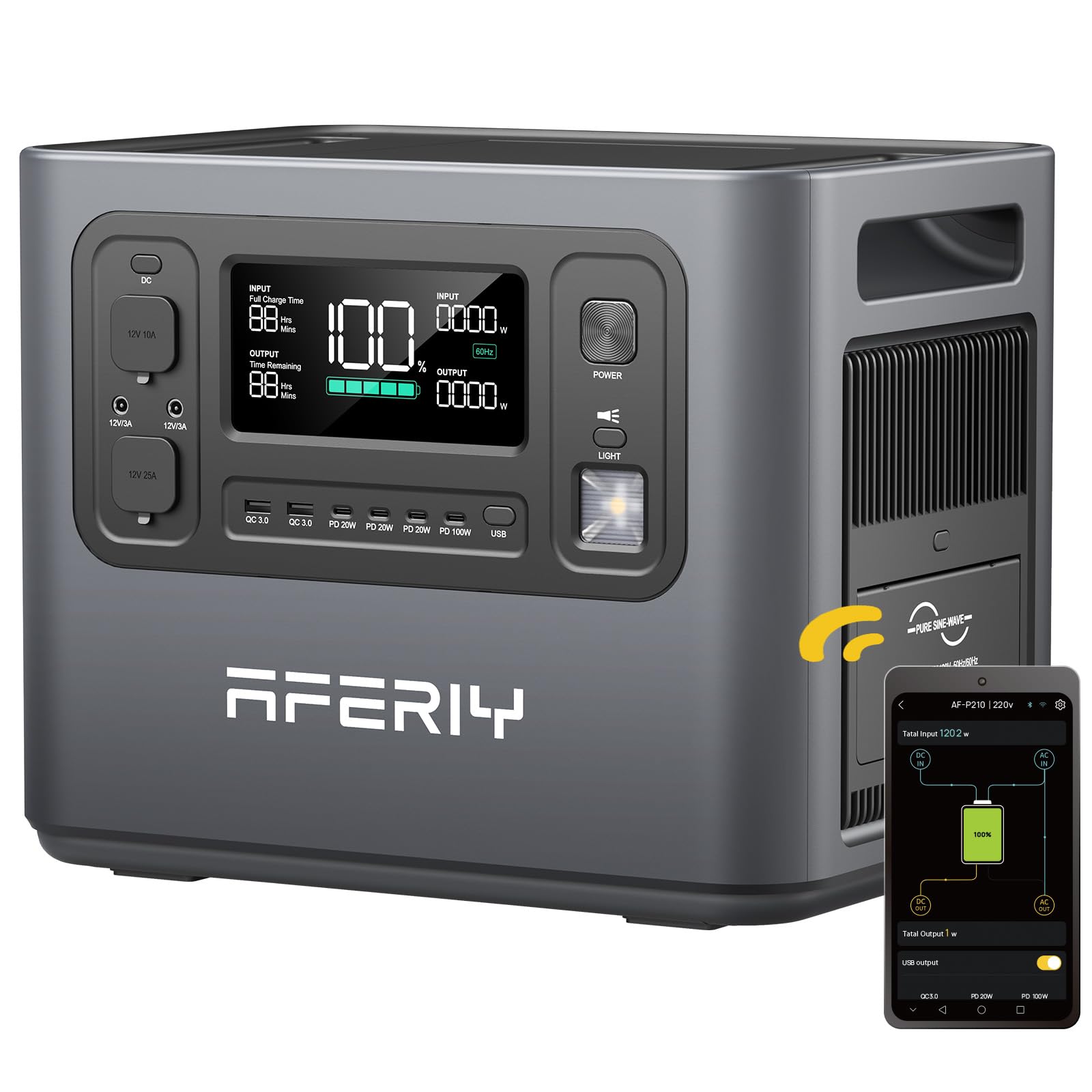 AFERIY 3600W Solargenerator, 3840Wh LiFePO4 Tragbare Powerstation mit USV, 3x230V AC Ausgang 3600W (7200W Peak), Stormerzeuger 2200W Schnelles Stromspeicher Aufladen für Reise, Outdoor-Camping