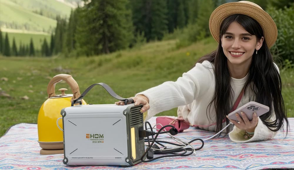 EHOM Tragbare Powerstation EP350, 307Wh, Power Station LiFePO4 mit 350W (Spitze 700W) AC und 200W Solarpanel-Laden, 2-Gurt-Designs für mehr Tragbarkeit, Für Camping, Reise, Notfall, Unterwegs