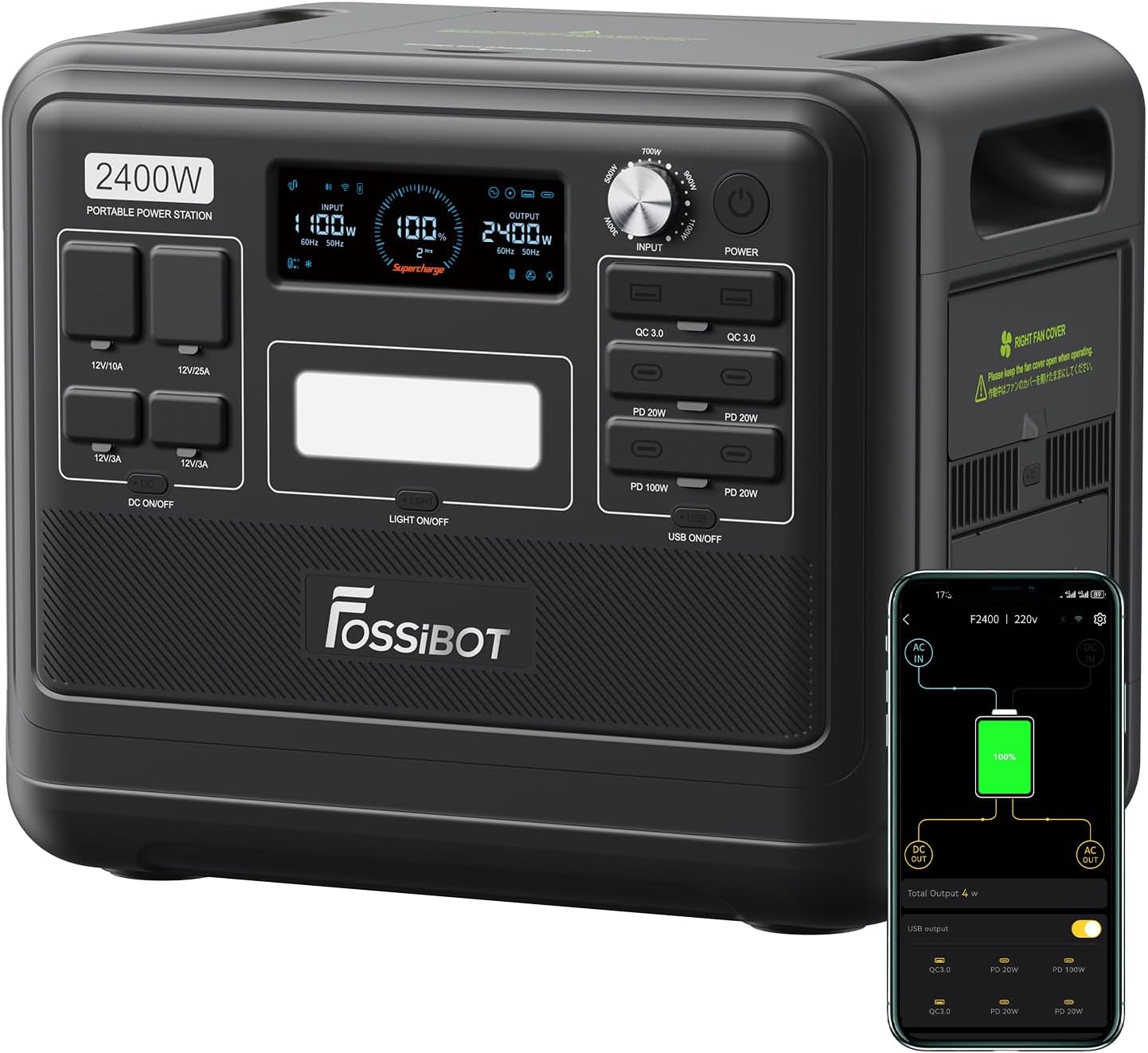 FOSSIBOT F2400 Solargenerator, Tragbare Powerstation 2048Wh LiFePO4 Batterie-Backup mit 2400W AC Ausgängen (4800W Peak), Power station für Outdoor-Camping, Wohnmobil-Reisen, Hausgebrauch