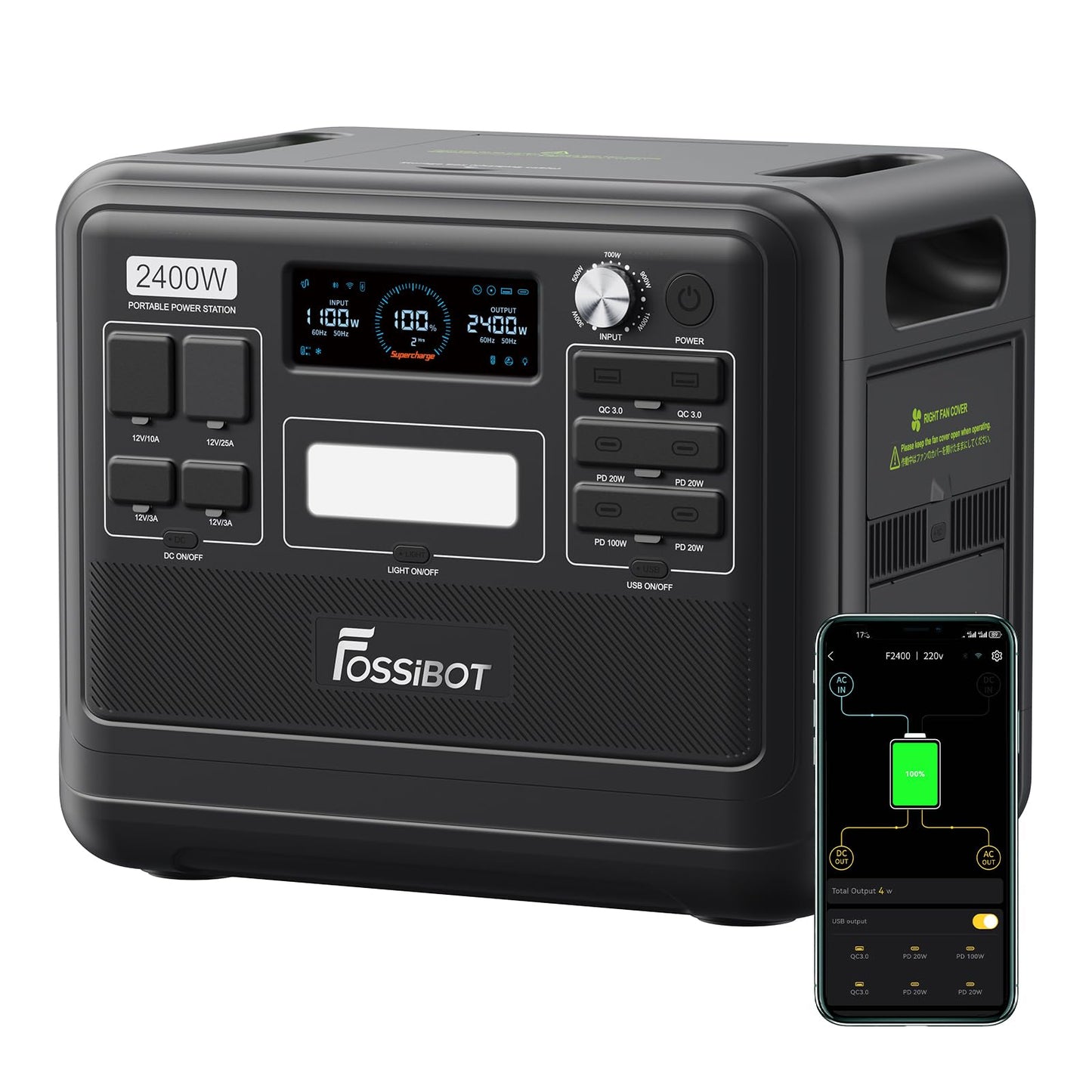 FOSSiBOT Tragbare Powerstation F2400, Solargenerator 2048Wh LiFePO4 Batterie-Backup mit 2400W 3X AC Ausgängen (4800W Peak) 230V, Power Station für Outdoor-Camping, Wohnmobil-Reisen, Hausgebrauch