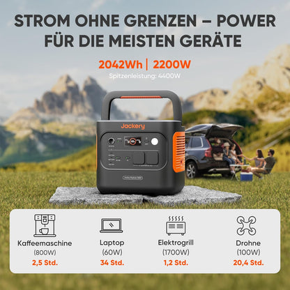 Jackery 2000 v2 Tragbare Powerstation mit 200W Solarpanel, 2042Wh Solargenerator mit 2200W Ausgang, LiFePO4 Batterie Schnellladung für Camping, Wohnmobil, Off-Grid
