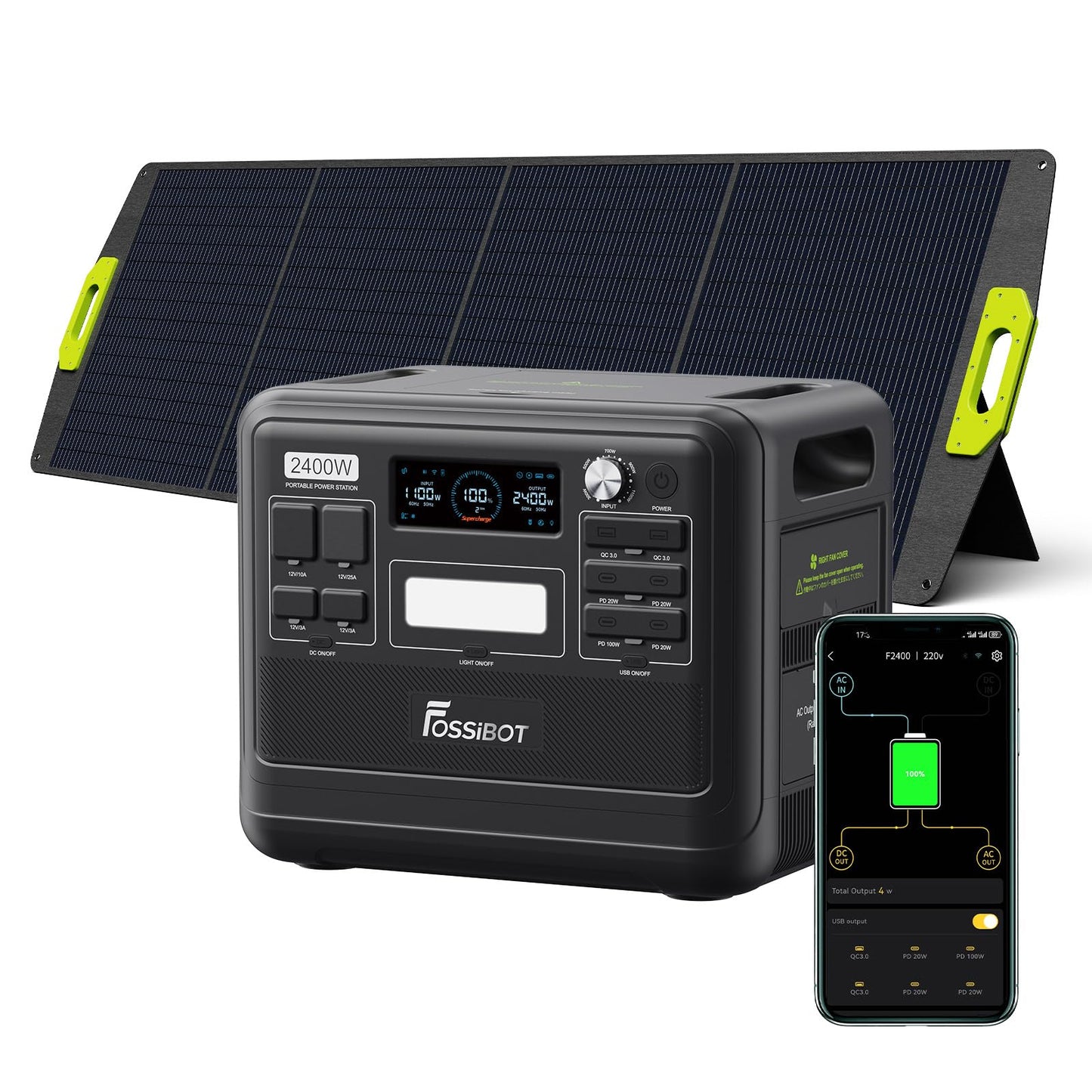 FOSSiBOT Tragbare Powerstation F2400, Solargenerator 2048Wh LiFePO4 Batterie-Backup mit 2400W 3X AC Ausgängen (4800W Peak) 230V, Power Station für Outdoor-Camping, Wohnmobil-Reisen, Hausgebrauch
