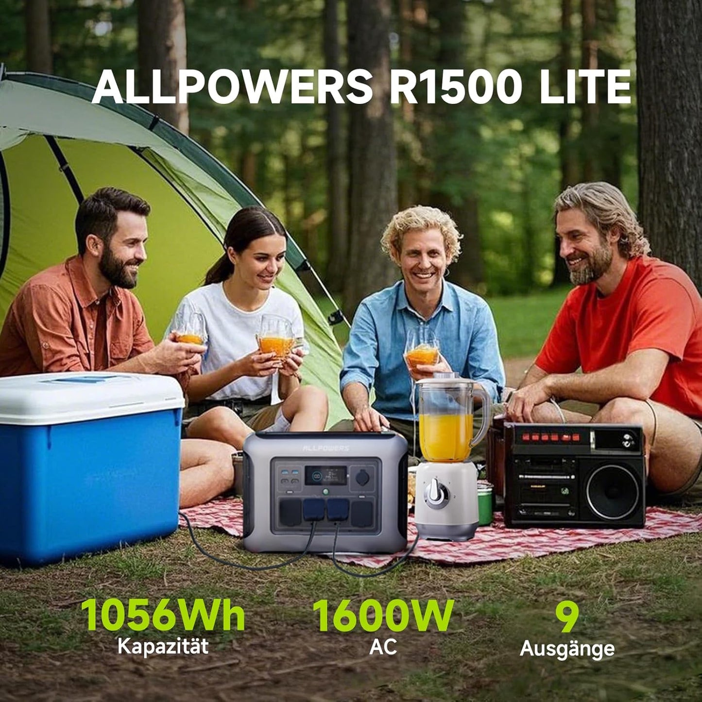 (2025 Neu) ALLPOWERS R1500 LITE Tragbare Powerstation, 1056Wh LFP Batterie Backup mit 4 1600W AC Ausgäng, Schnellladung von 0-80% in 40 Mins Solar Generator, Notstromaggregat für Camping Wohnmobile