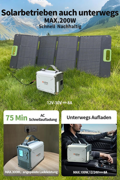 EHOM Tragbare Powerstation EP350, 307Wh, Power Station LiFePO4 mit 350W (Spitze 700W) AC und 200W Solarpanel-Laden, 2-Gurt-Designs für mehr Tragbarkeit, Für Camping, Reise, Notfall, Unterwegs
