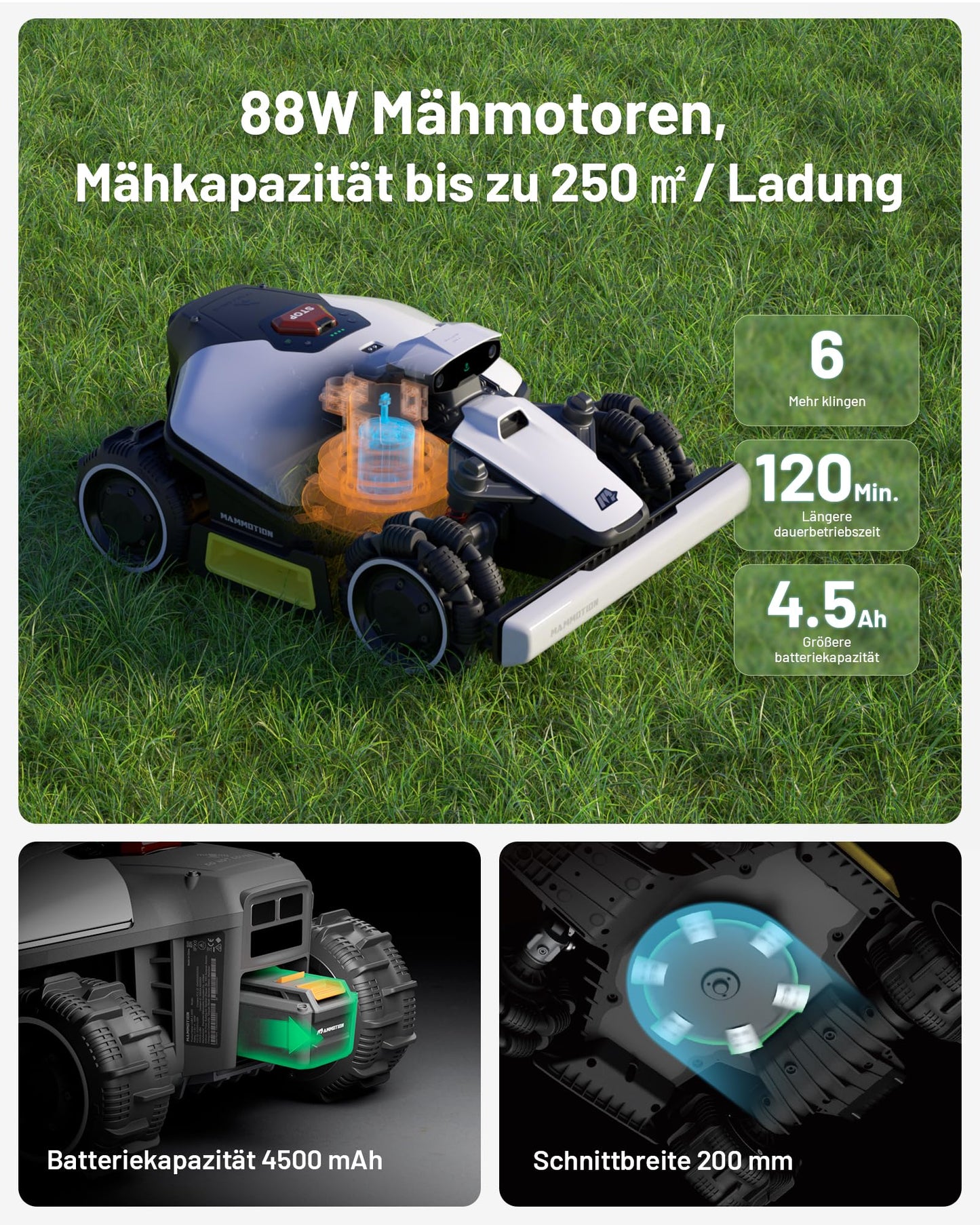 MAMMOTION LUBA mini AWD 800 Mähroboter ohne Kabel, bis 1000m², RTK+Vision, Auto-Kartierung, 4G, 80% Steigung, intelligenter Rasenroboter
